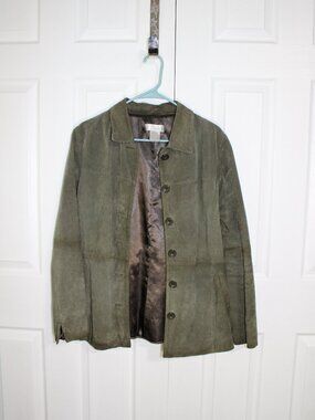 Vintage Spiegel Womens Olive Green Button Front Leather Coat
